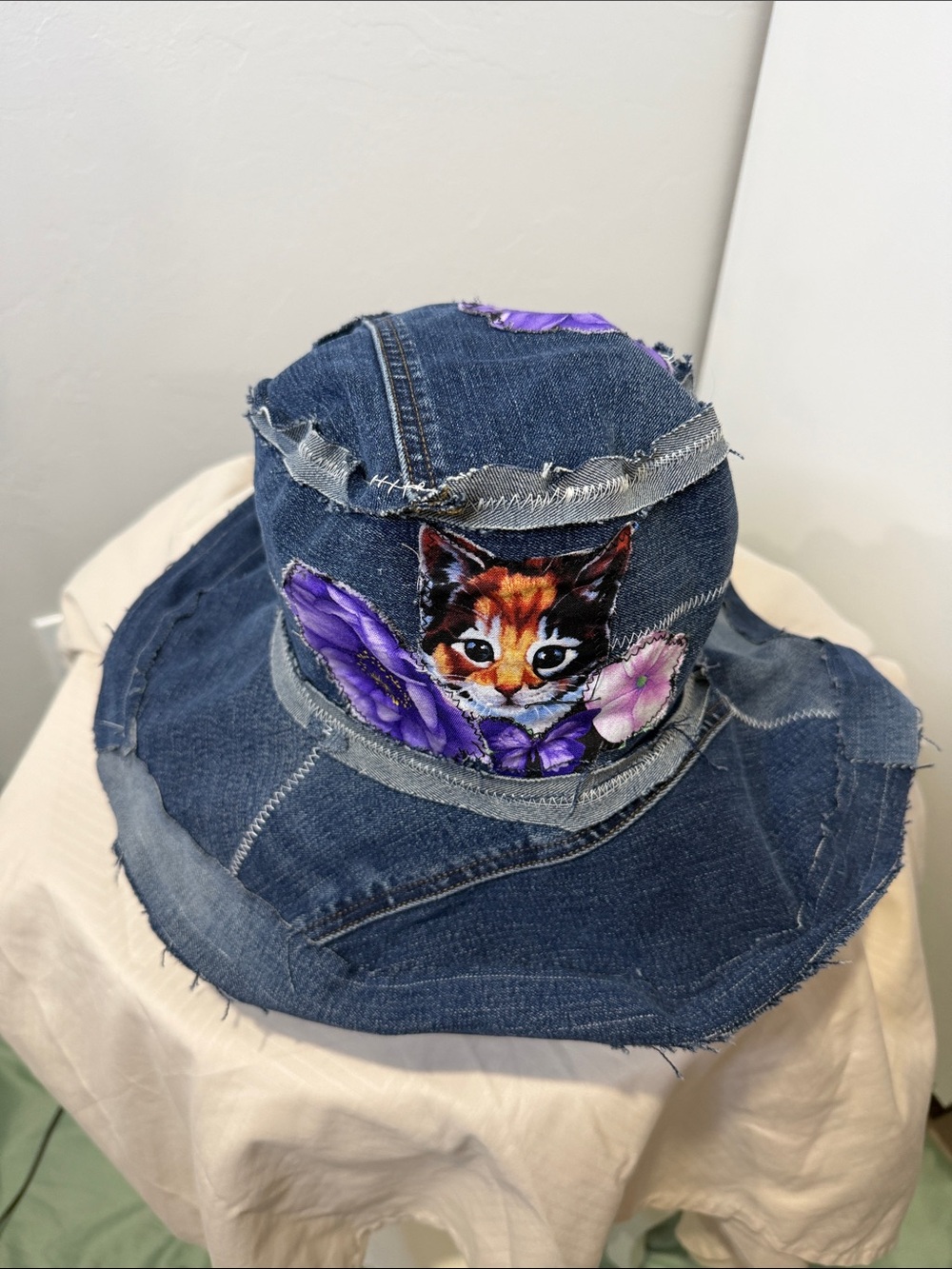 Denim Bucket Hat with Cat & Purple Floral Patch